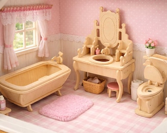 Muebles de baño en miniatura para casa de muñecas SVG DXF / Juego de tocador y bañera / Madera contrachapada MDF cortada a láser de 3 mm / Decoración DIY para casa de muñecas / Cnc LightBurn