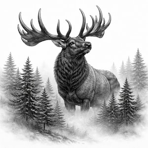 May include: A detailed black and white illustration of a majestic elk with large antlers, standing in a misty forest. The elk is the focal point, surrounded by detailed pine trees, creating a serene woodland scene.