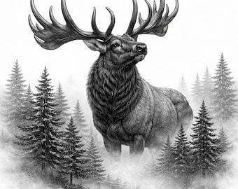 20 JPG PNG Wildlife Animal Laser Engraving Art Bundle | Forest Mountain Animals Grayscale Vintage Nature Style | Stag Bear Wolf Owl Racoon