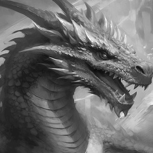 May include: A grayscale illustration of a dragon's head, showcasing detailed scales, sharp teeth, and menacing eyes. The dragon's mouth is open, revealing its teeth. The artwork emphasizes texture and shadow, creating a dramatic effect.