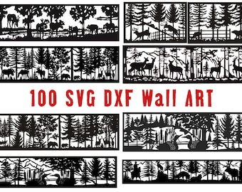 Op de afbeelding: Zwarte metalen wandkunstpanelen met silhouetten van bos en dieren in het wild. Ontwerpen omvatten herten, beren, elanden en bomen. De tekst "100 SVG DXF Wall ART" wordt in het rood weergegeven.