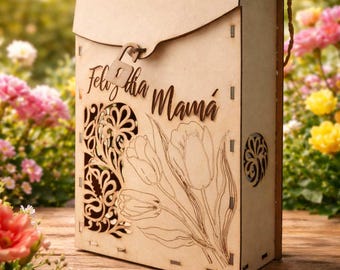Mother’s Day Handbag-Style Gift Box SVG DXF | Laser Cut Flower Bag Template | Engraved “Feliz Día Mamá” | Glowforge xTool LightBurn File