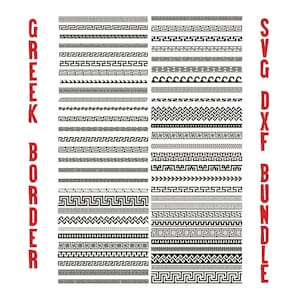 Puede incluir: Una colección de diseños de bordes griegos en blanco y negro con varios patrones. La imagen incluye el texto "GREEK BORDER" en rojo a la izquierda y "SVG DXF BUNDLE" en rojo a la derecha. Los bordes presentan motivos geométricos y ondulados.