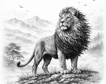 May include: A detailed black and white illustration of a majestic lion standing on a rocky outcrop. The lion has a flowing mane and is set against a backdrop of mountains, trees, and birds in flight. The artwork has a realistic style.