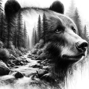 May include: A black and white pencil drawing of a bear's face with a forest scene in the background. The bear's face is in focus, and the forest scene is blurred. The bear's eyes are closed, and its nose is pointed.
