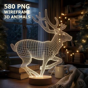 Peut inclure: Lampe en forme de cerf en filaire 3D, émettant une lumière chaude. Le cerf est représenté en mouvement, sur une base en bois ronde. Le texte "580 PNG WIREFRAME 3D ANIMALS" est visible. Un objet décoratif.
