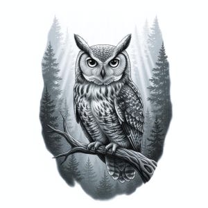 May include: A detailed black and white illustration of a Great Horned Owl perched on a tree branch. The owl is the focal point, with intricate feather details. A misty forest scene forms the background, with tall pine trees and rays of light.