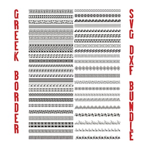Może przedstawiać: Kolekcja czarno-białych greckich wzorów obramowań w różnych wzorach. Obraz zawiera tekst "GREEK BORDER" w kolorze czerwonym po lewej stronie i "SVG DXF BUNDLE" w kolorze czerwonym po prawej stronie. Odpowiednie do projektów projektowania cyfrowego.