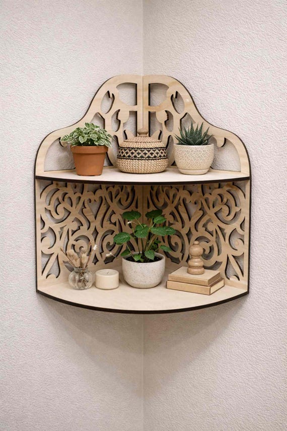 Floral Corner Floating Shelf SVG DXF | 28 cm Wall Shelf Laser Cut File | 6 mm Plywood CNC Design | LightBurn Glowforge