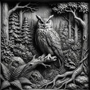 May include: A detailed grayscale relief carving of a great horned owl perched on a branch within a forest scene. The artwork features intricate details of trees, foliage, and the owl's feathers, creating a textured, three-dimensional effect.