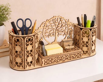 Floral Wood Cutout Pen Holder Desk Organizer SVG DXF | 30 cm width Laser Cut Template | Plywood Office Organizer File | LightBurn Glowforge