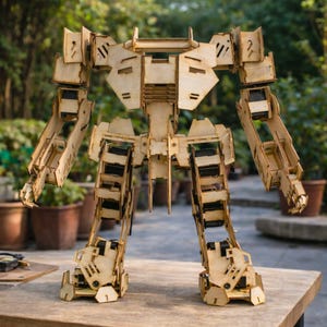 Puede incluir: Un modelo de robot de madera, ensamblado y de pie. El modelo está construido con piezas de madera de color claro, con articulaciones y un diseño detallado. El robot está posado sobre una superficie de madera, con un fondo borroso de vegetación.