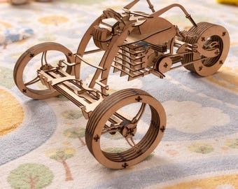 Trike Motorcycle SVG DXF | 3D Wooden Puzzle Laser Cut Mechanical | Plywood CNC LightBurn Diy Steampunk Tricycle Without Instruction