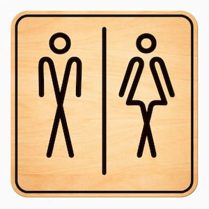 Puede incluir: Un letrero de baño de madera con un borde negro. El letrero presenta figuras negras estilizadas que representan los baños de hombres y mujeres, separadas por una línea vertical. El fondo es un veteado de madera clara.