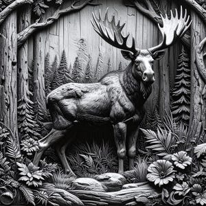 May include: Black and white relief carving of a moose with large antlers, set within a forest scene. The artwork features detailed textures of trees, foliage, and flowers, creating a dimensional effect. The moose is the focal point.