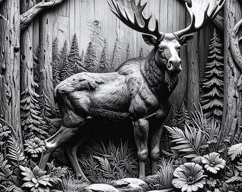 May include: Monochrome relief carving of a moose with prominent antlers, set in a forest environment. The artwork showcases detailed textures of trees, foliage, and flowers, creating a dimensional effect. The moose is the central element.