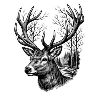 Puede incluir: Ilustración detallada en blanco y negro de la cabeza de un ciervo con grandes astas. Las astas están entrelazadas con ramas de árboles desnudas, y el fondo presenta una escena de bosque con un río. La obra de arte es muy detallada, con intrincadas líneas.