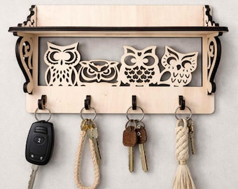 Key Holder Shelf Entryway SVG DXF | 25 cm Owl Wall Key Organizer | 6 mm Wood Laser Cut File |  CNC Glowforge LightBurn