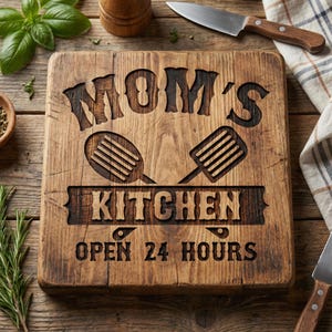 Puede incluir: Tabla de cortar cuadrada de madera con las palabras "MOM'S KITCHEN OPEN 24 HOURS" talladas en la superficie. El diseño incluye imágenes de una espátula y una cuchara ranurada. La tabla es marrón y está sobre una superficie de madera.