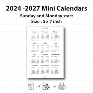 2025-2027 5 x 7 дюймов мини-календарь 2024 2025 2026 2027 распечатать | Минималистский ежегодный календарь на 2025-2027