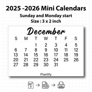 2025-2026 Mini Calendar Printable PDF – 3 x 2 Inch Size, Instant Download, US Letter Size| Mini monthly calendars | Small  monthly calendar