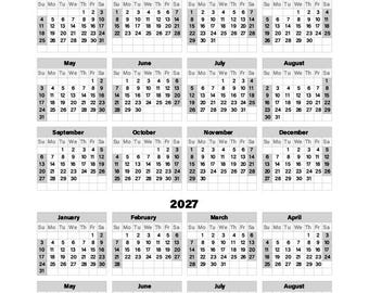 May include: A two-year calendar for 2026 and 2027, with each month displayed in a grid format. The calendar includes the days of the week and dates, with the year and month clearly labeled. The calendar is designed for planning and scheduling.