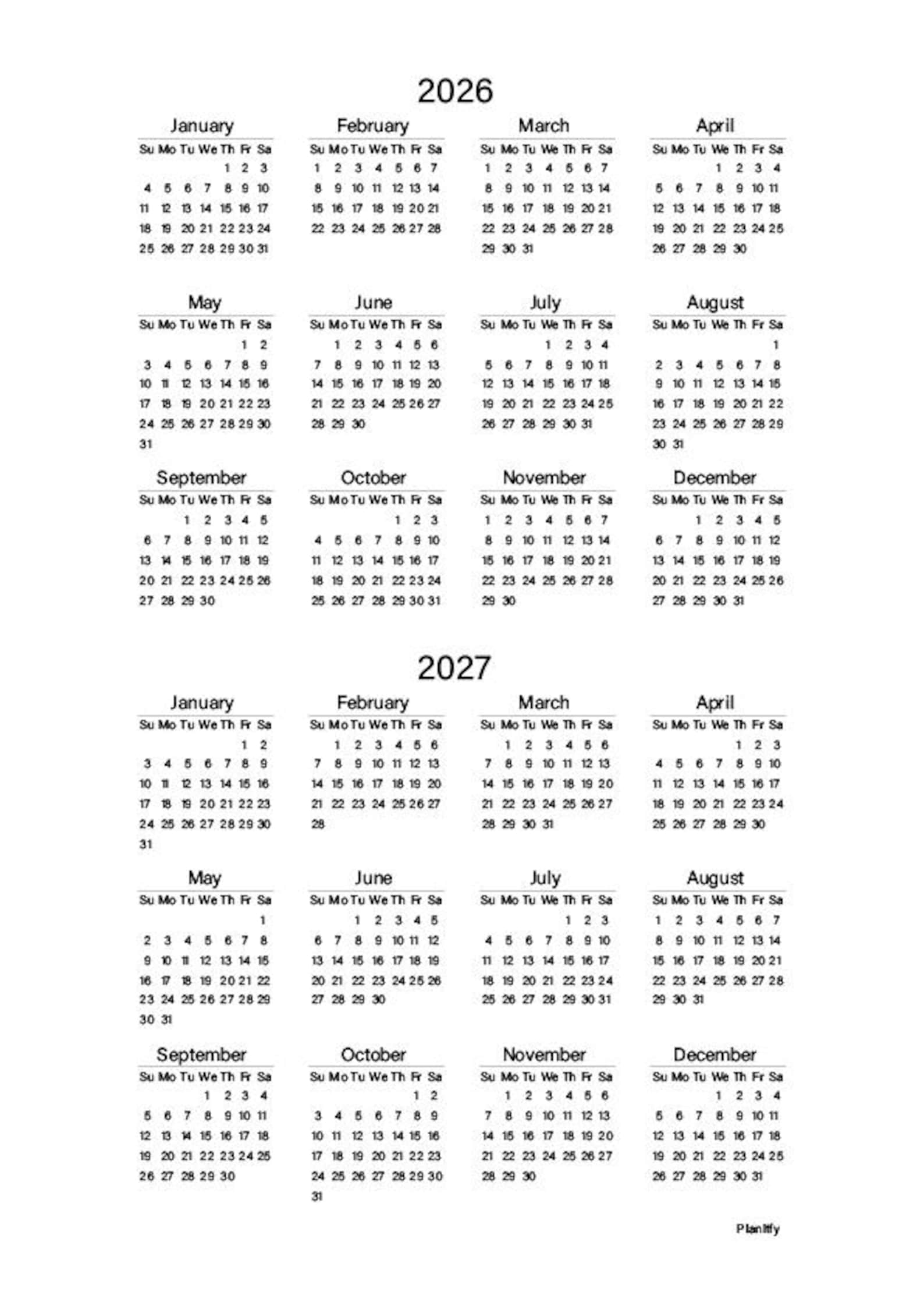 2026-2027 Two Year Calendar Printable – Sunday & Monday Start (PDF) - Etsy