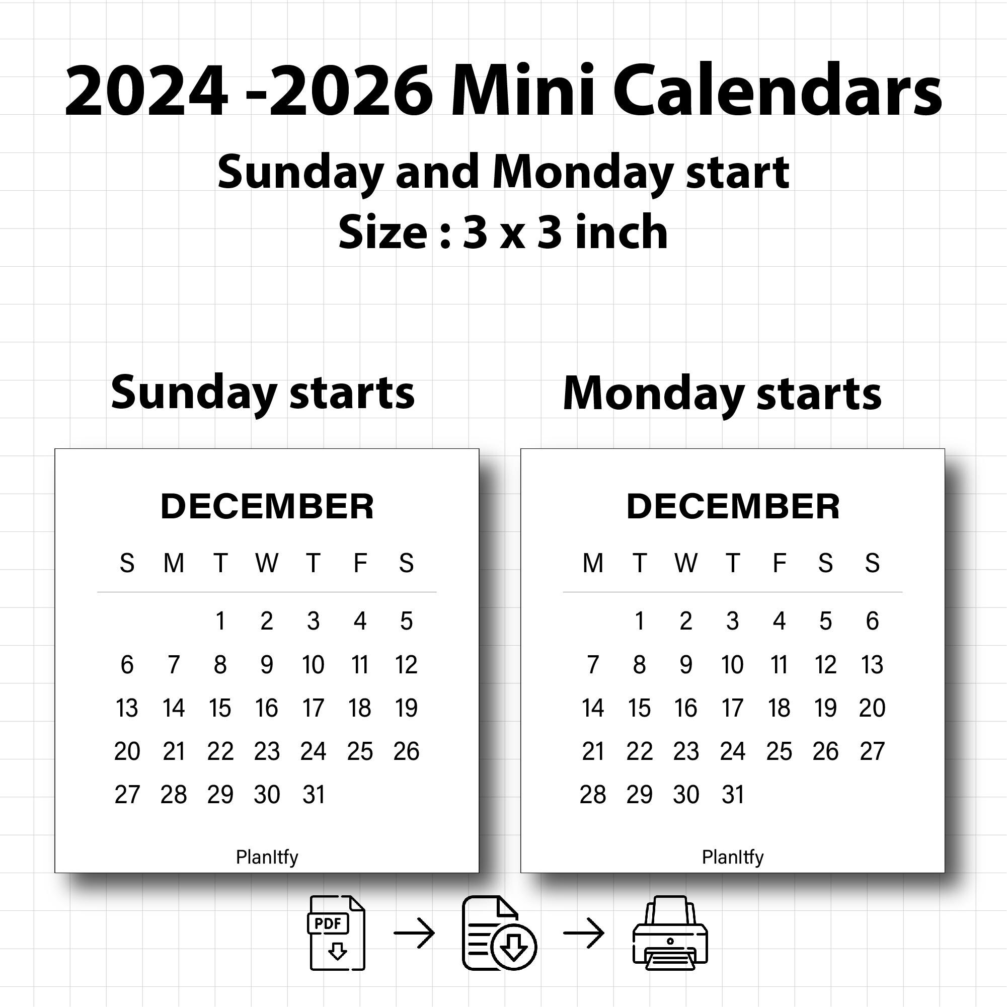 20252026 3 X 3 Inches Mini Calendar 2024 2025 2026 Printable Mini