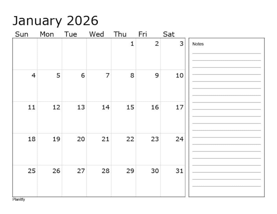 2026 Monthly Calendar With Notes Printable | Letter Size - Digital PDF ...