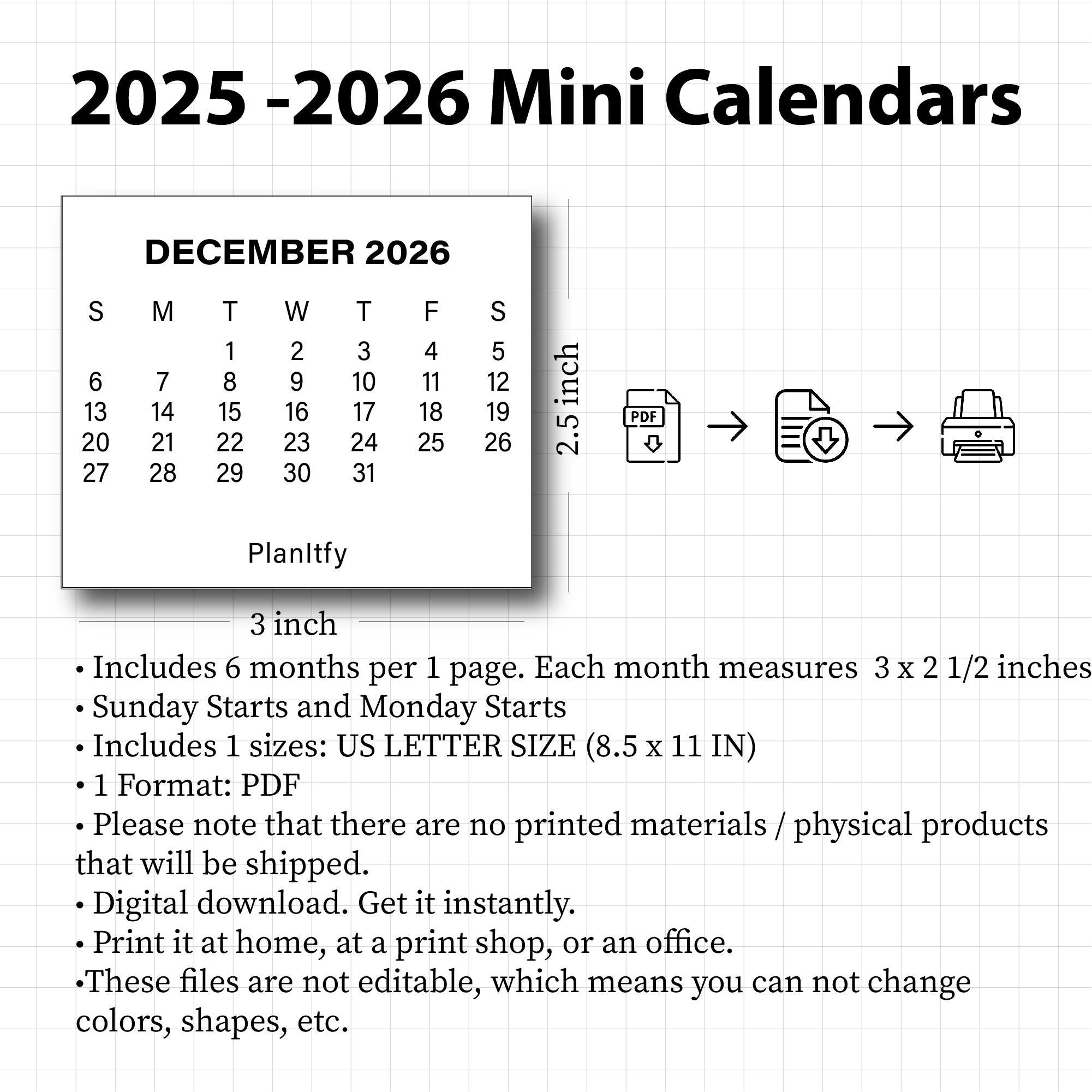20252026 3 X 2 1/4 Inches Mini Calendar 2025 2026 PDF Printable Mini