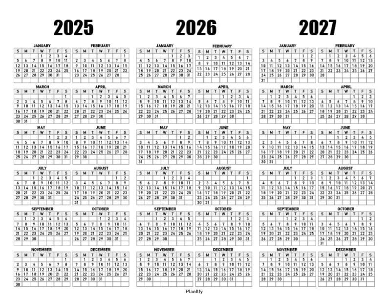 3 Year Calendar 2025-2027 | Sunday Start, Letter Size (PDF Printable