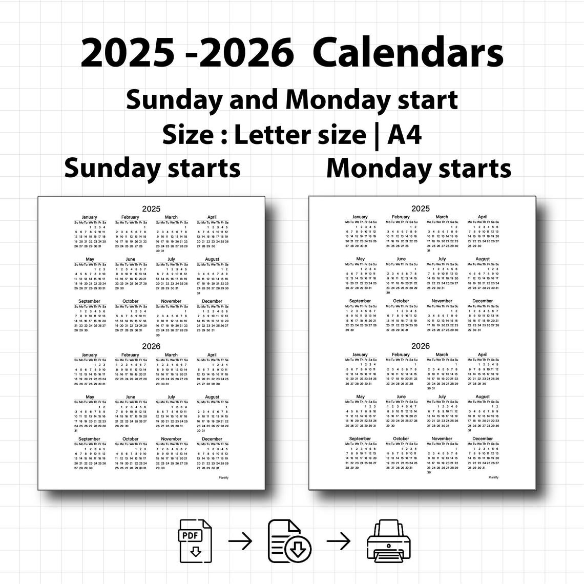 2025 2026 Two Year Calendar 2025 and 2026 Printable PDF Desk Calendar