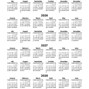 Calendario anual para imprimir de 2025 a 2028 / 4 años / Inicio en domingo y lunes / Tamaño carta y A4 / PDF