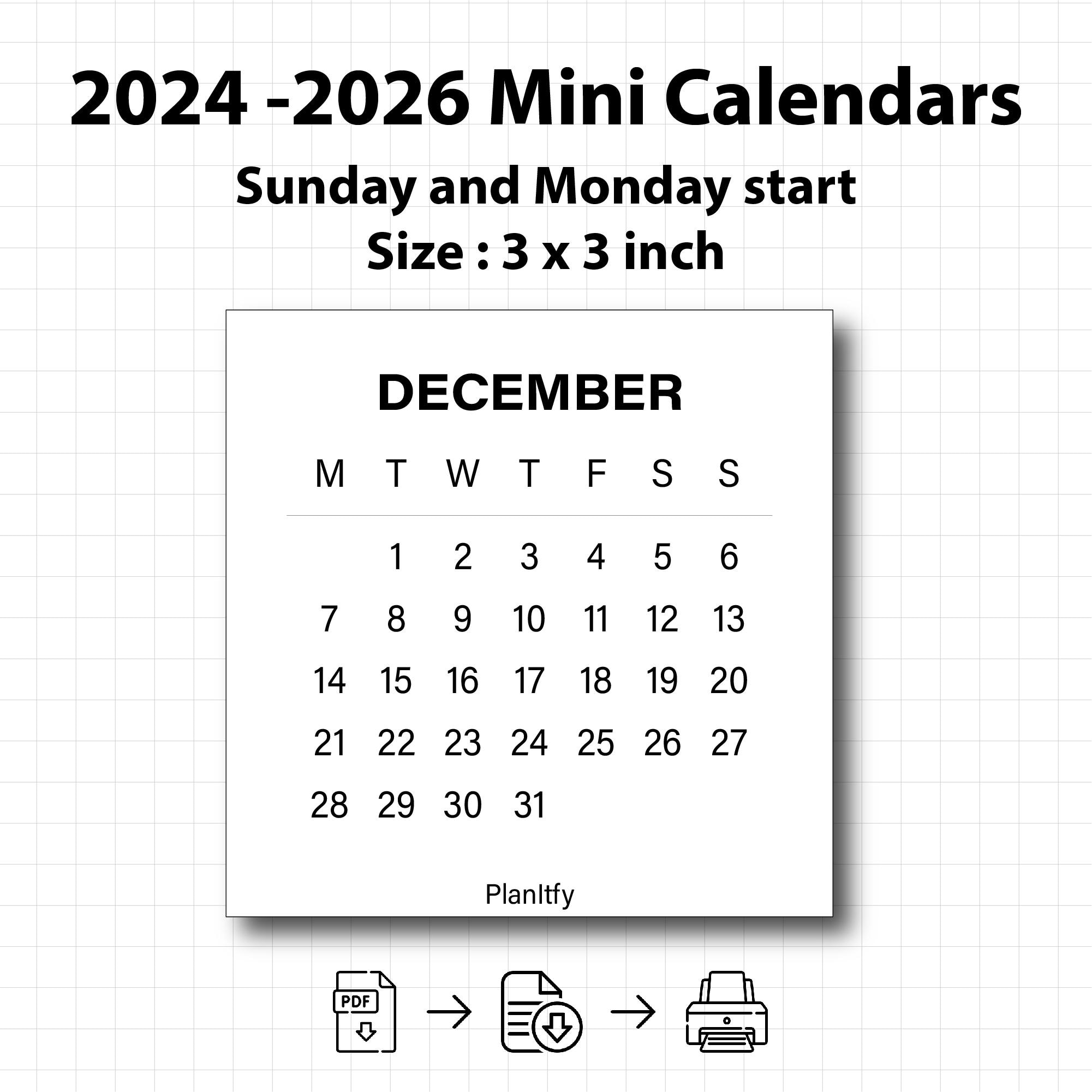 20252026 3 X 3 Inches Mini Calendar 2024 2025 2026 Printable Mini