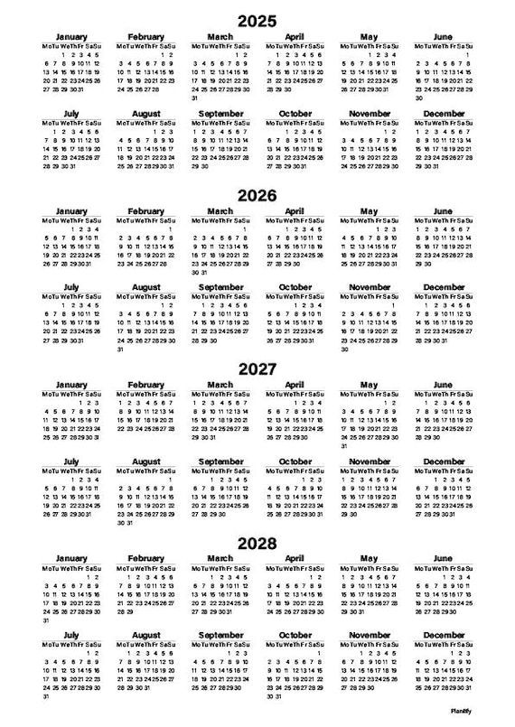 Yearly Calendar for Printing From 2025 to 2028 Years Sunday