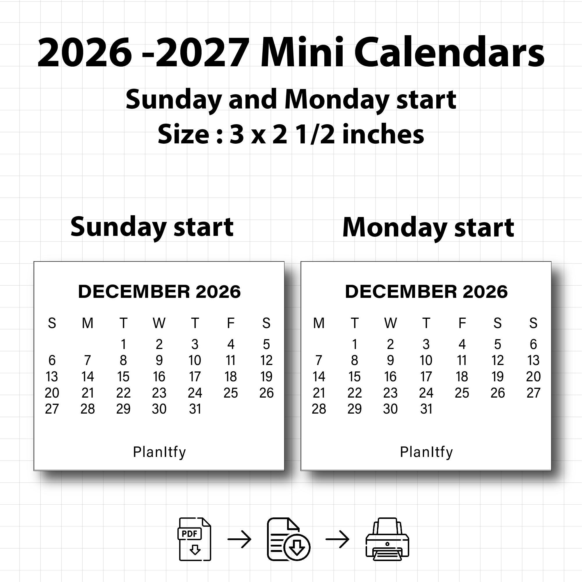 2026-2027 Mini Calendar Printable – 3x2.5 Inch (PDF Download) - Etsy