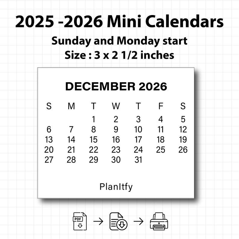 20252026 3 X 2 1/4 Inches Mini Calendar 2025 2026 PDF Printable Mini