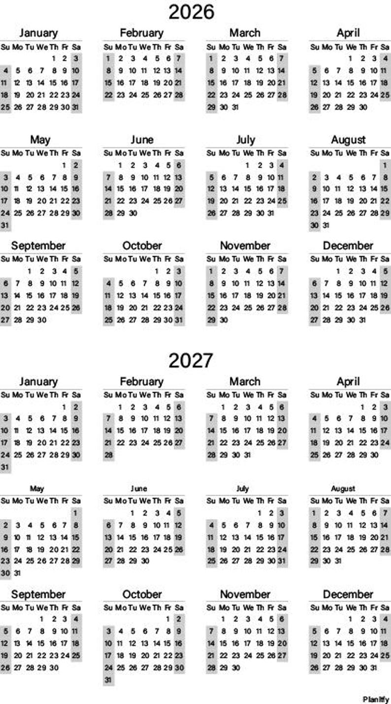 2026 - 2027 Two Year Calendar Printable PDF | Desk Calendar | Sunday