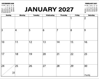 Pode incluir: Uma página de calendário branca para janeiro de 2027, com um layout de dias e datas. O calendário inclui o mês anterior de dezembro de 2026 e o mês seguinte de fevereiro de 2027. A palavra "Janeiro" é exibida em destaque.