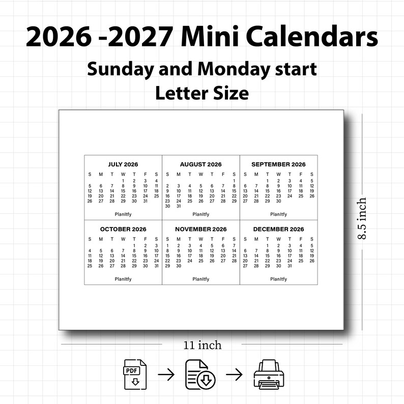 2026-2027 Mini Calendar Printable – 3x2.5 Inch (PDF Download) - Etsy