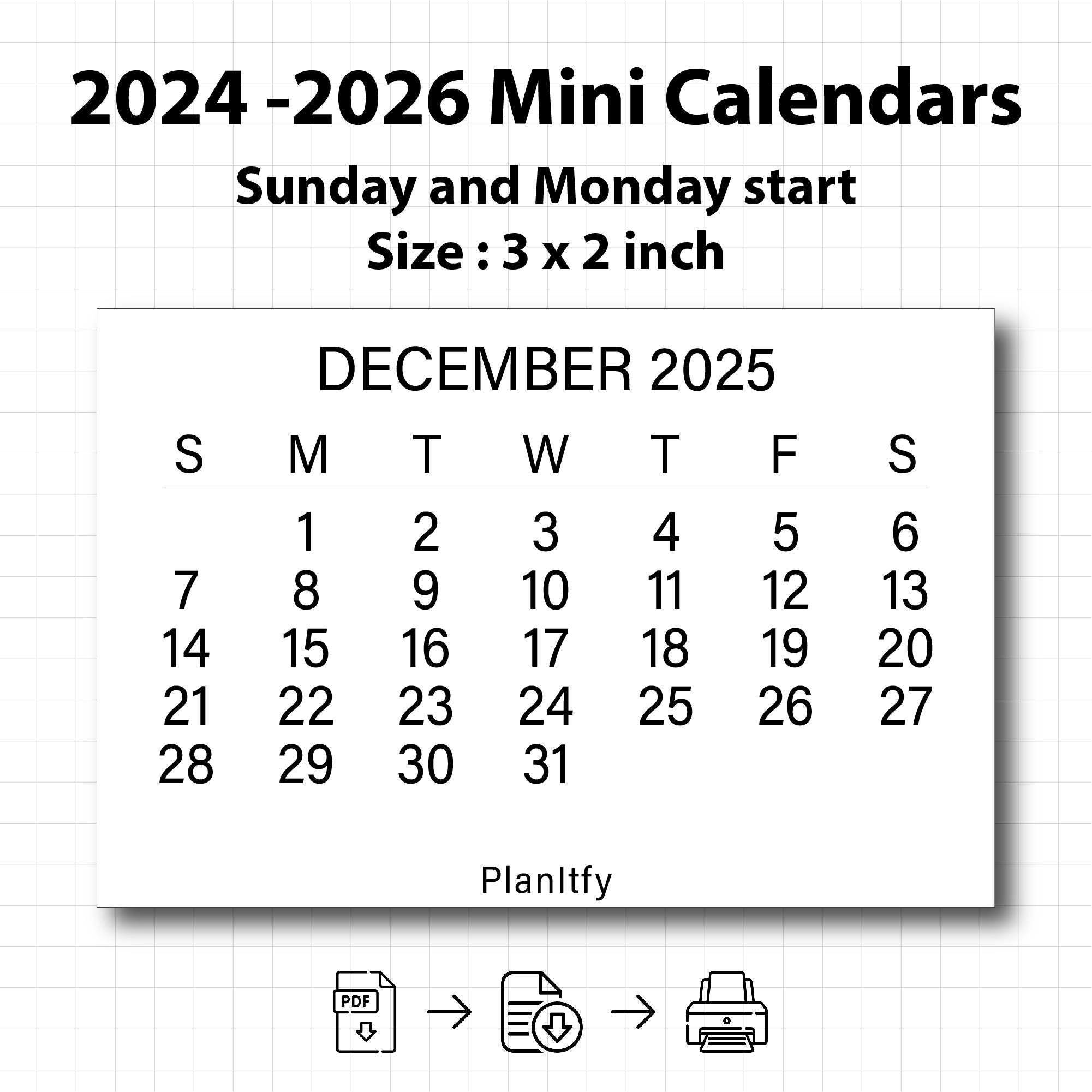 20252026 3 X 2 Inches Mini Calendar 2024 2025 2026 PDF Printable Mini