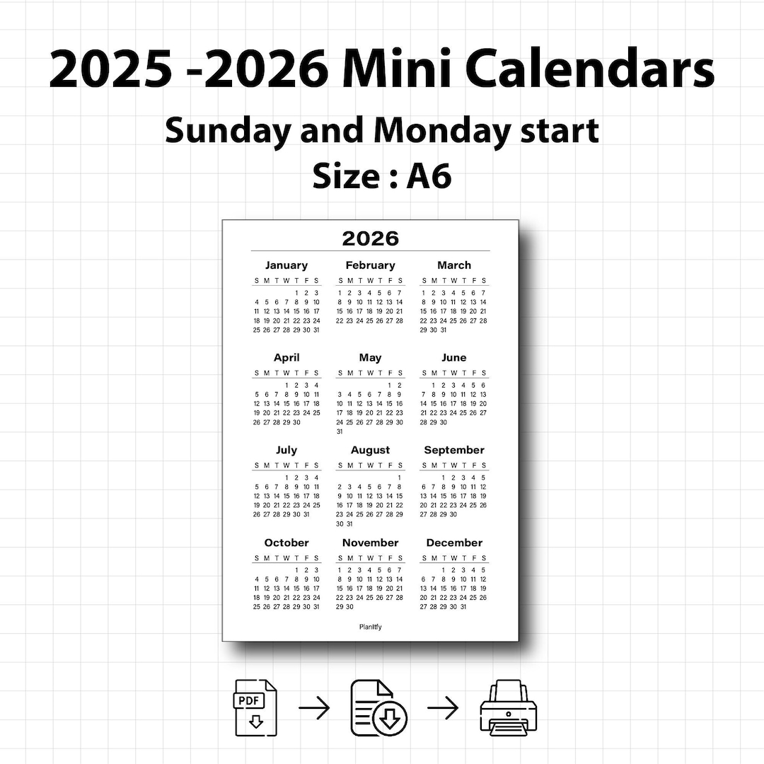 2025 2026 A6 Yearly Calendar 2025 2026 Printable PDF Desk Calendar