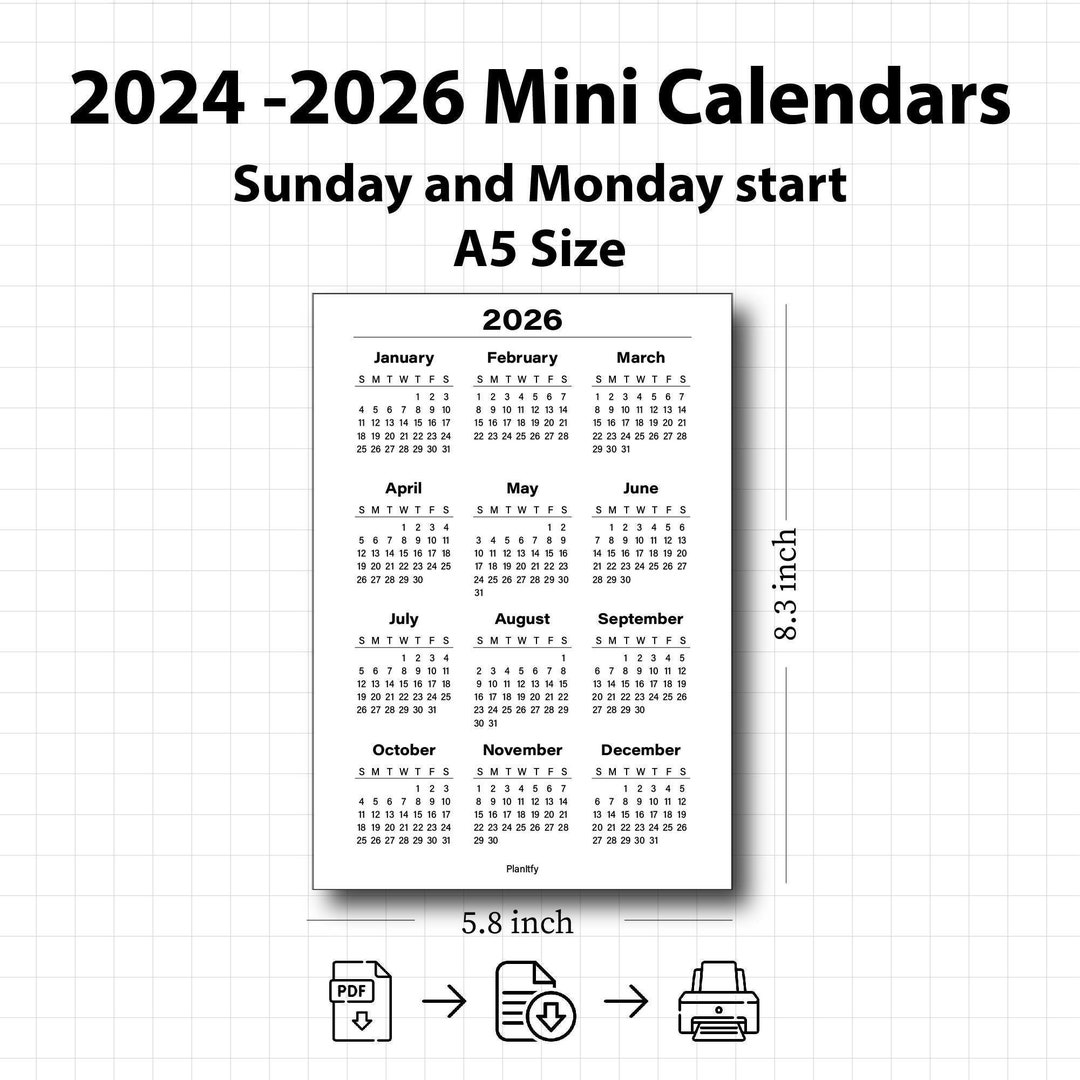 A5 Yearly Calendar 20252026 Printable PDF Sunday & Monday Start
