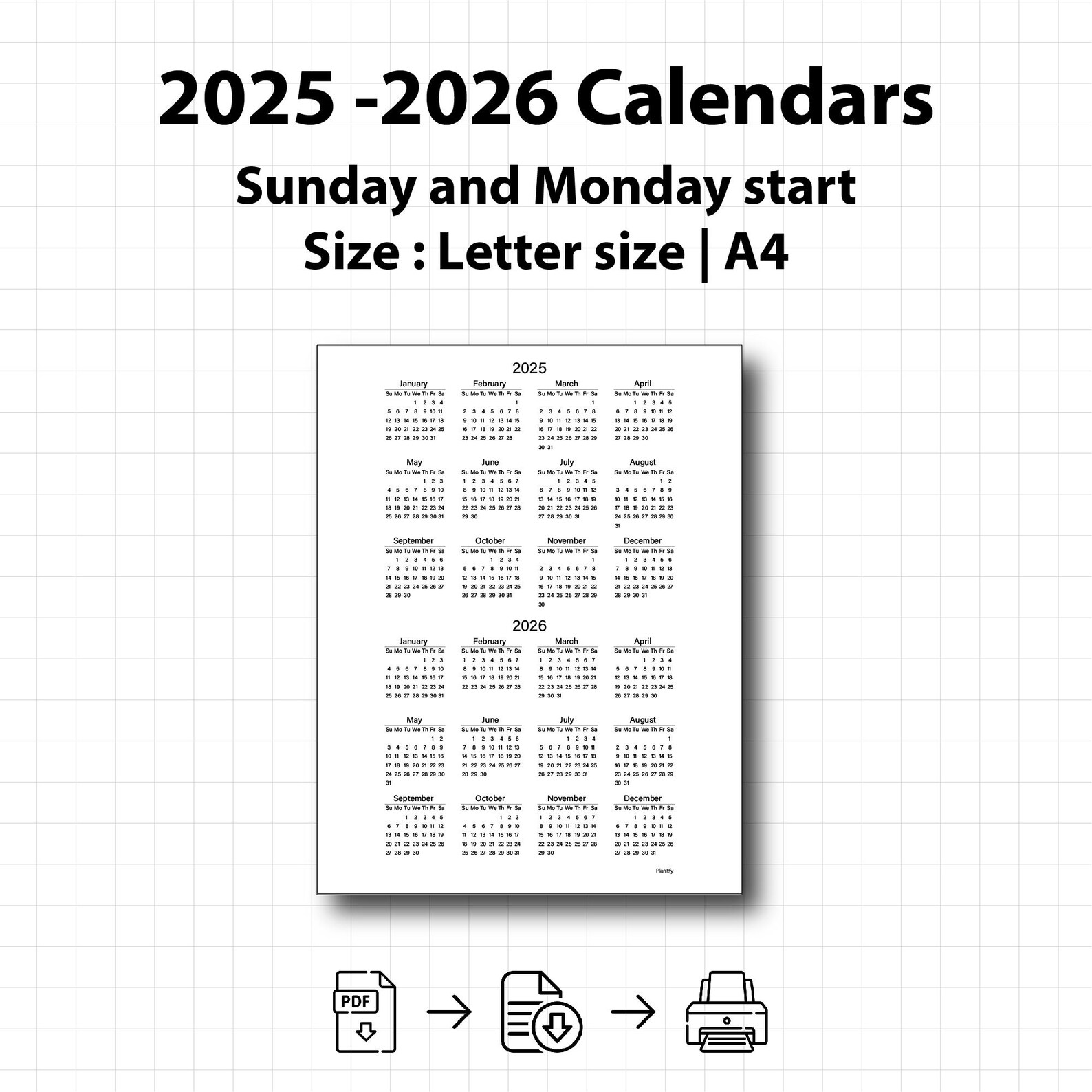 2025 2026 Two Year Calendar 2025 and 2026 Printable PDF Desk Calendar