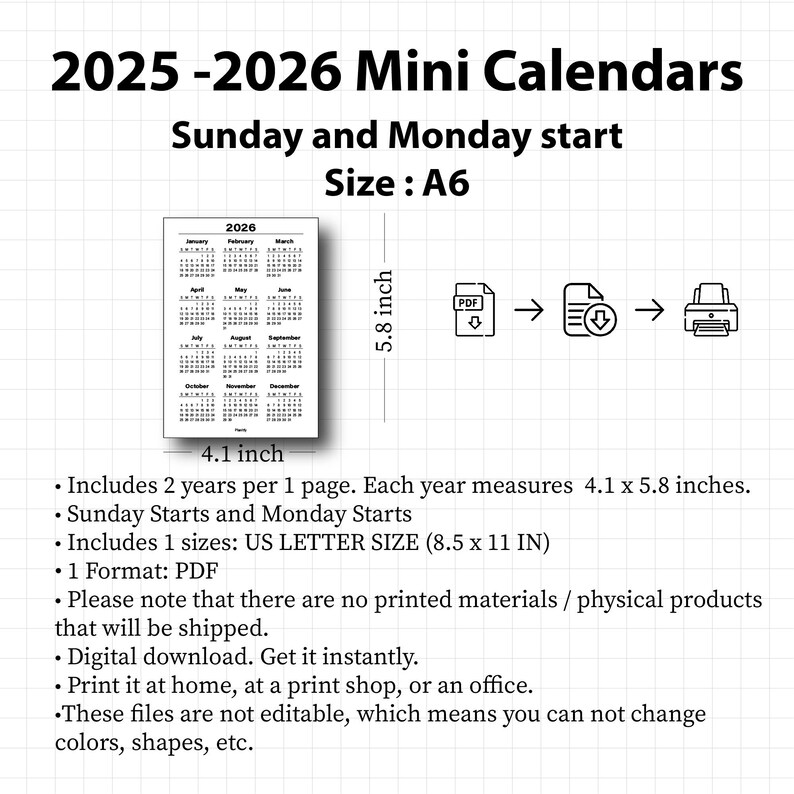 2025 - 2026 A6 Yearly Calendar 2025 2026 Printable PDF | Desk Calendar ...