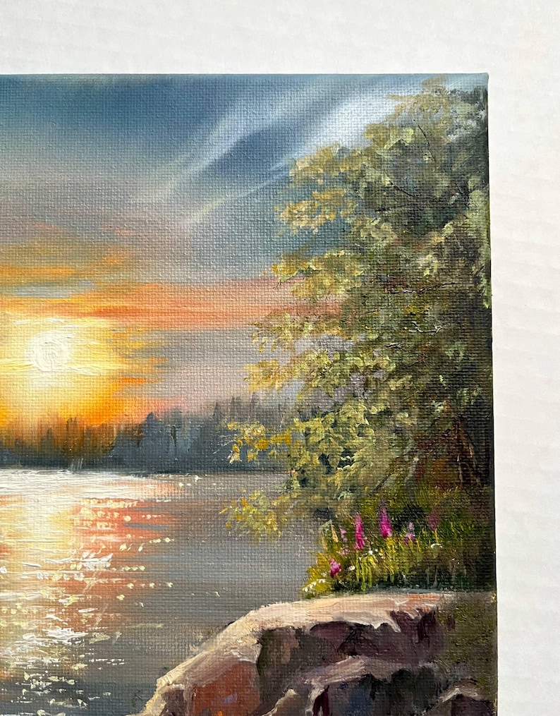 Lake Sunset Landscape Oil Painting Original on Canvas 11X14 Inches Hand ...