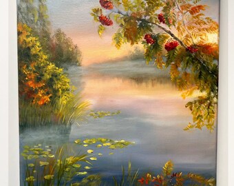Original Lake Sunrise Oil Painting: Autumn Landscape, 11x14 Canvas