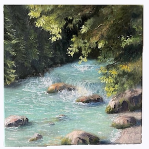 May include: Oil painting depicting a turquoise river in a forest setting. The water flows over rocks, generating white splashes. Green trees and foliage surround the river, with sunlight filtering through the leaves. The artwork is signed in the lower right corner.