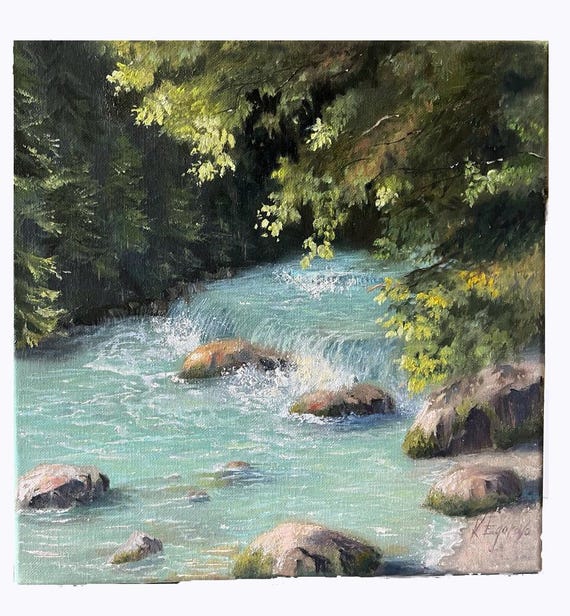 Waterfall Hand-Painted Oil Painting on Stretched Canvas Landscape Mountain Rocks River Turquoise Water
