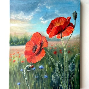 Original Oil Painting: Red Poppies & Blue Flowers Landscape - 11x14 Canvas